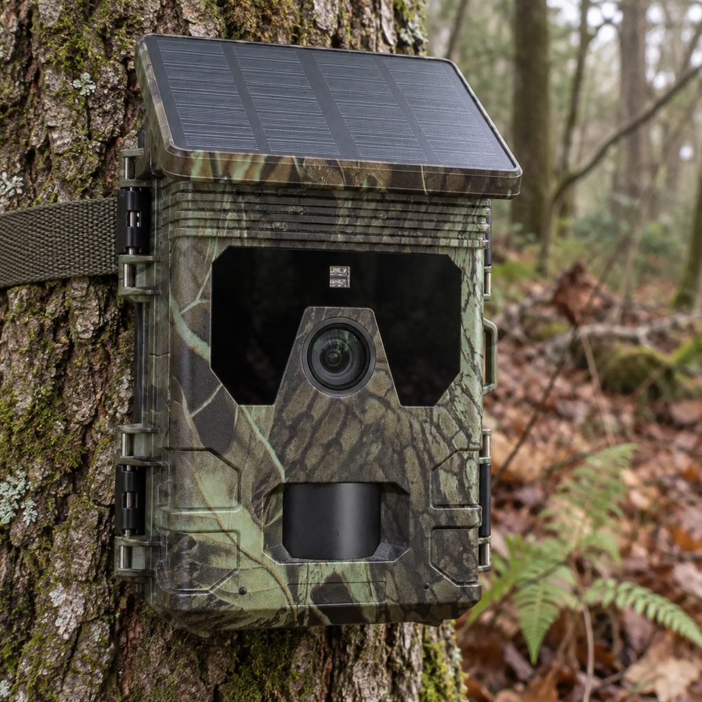 Solarkamera an einem Baum im Wald befestigt
