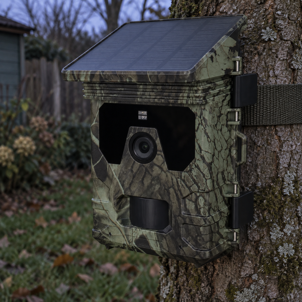 Solar-Wildkamera im Garten in der Abenddämmerung