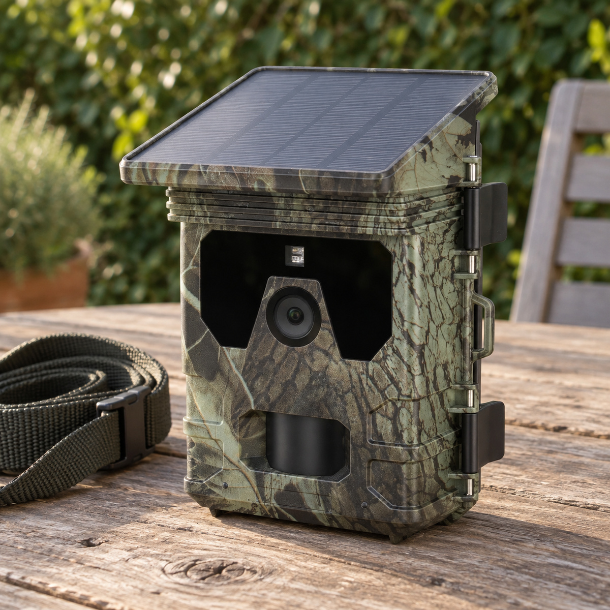 Solarkamera auf einem Gartentisch