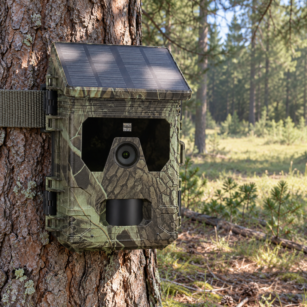 Solar-Wildkamera an einer Kiefer am Waldrand