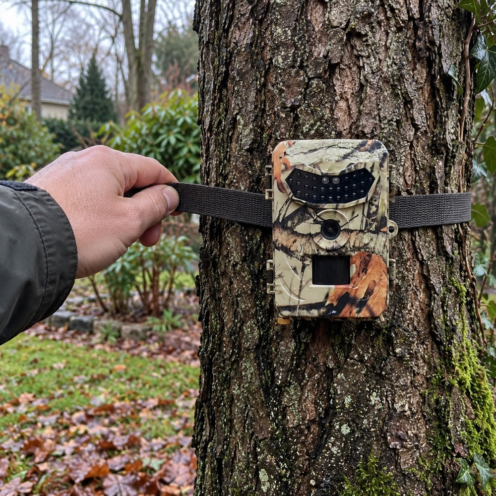 Main attachant la sangle de la caméra autour d'un arbre