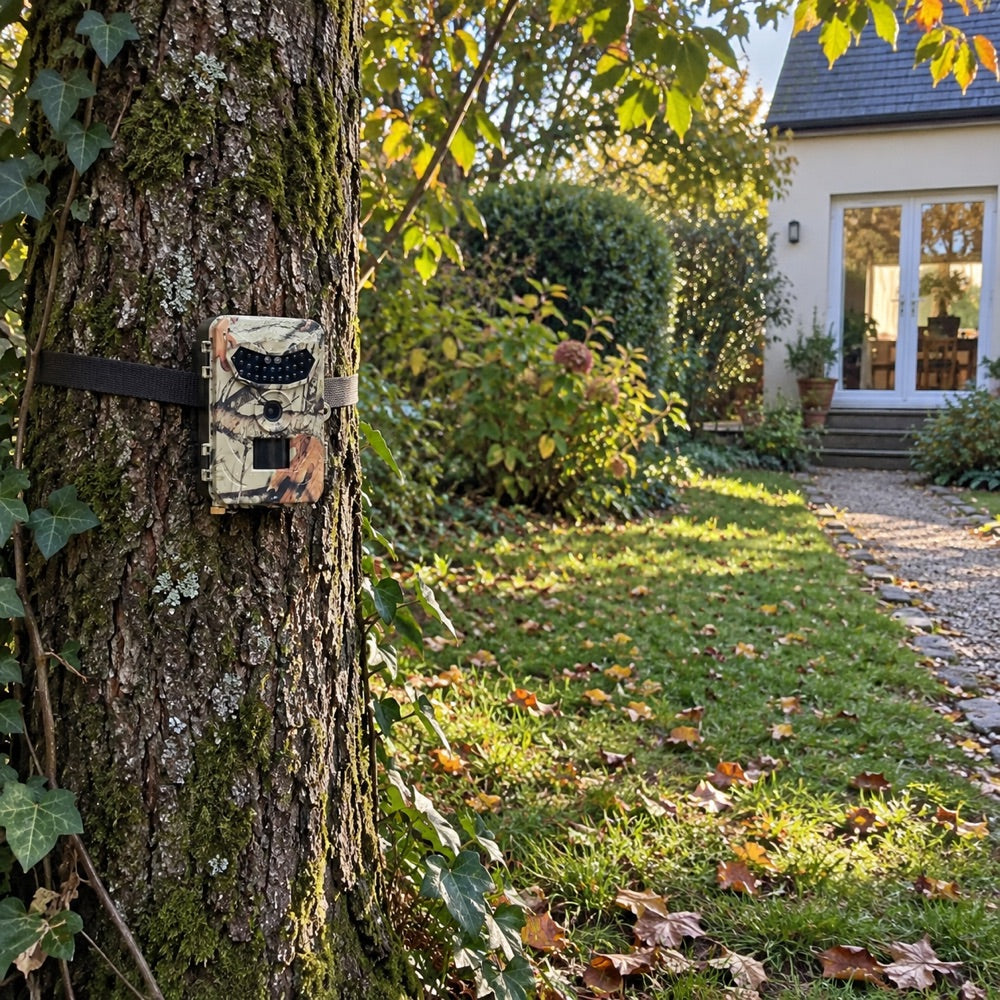 Caméra installée sur un arbre au bord d'un jardin